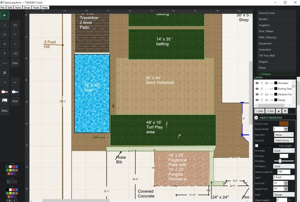 Sanctuary Design measured plan view showing pool, batting area, volleyball area, turf and patio layout