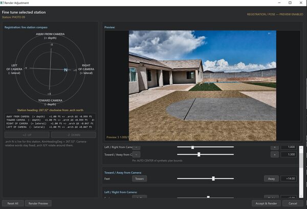 Sanctuary Design render adjustment screen aligning a rendered plan with a site photograph