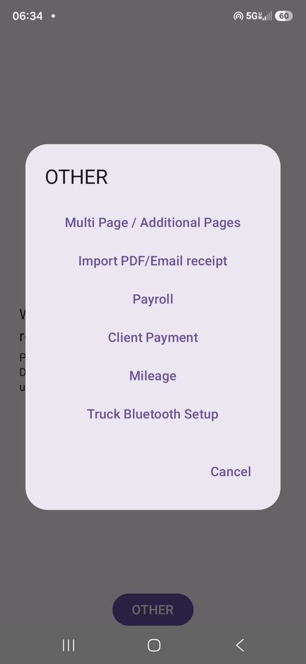Sanctuary Business Capture menu showing multi-page capture, PDF and email receipt import, payroll, client payment, mileage and truck Bluetooth setup