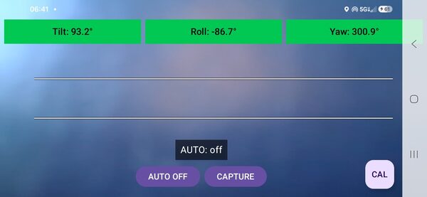 Sanctuary Camera capture screen displaying tilt, roll, yaw, calibration and capture controls